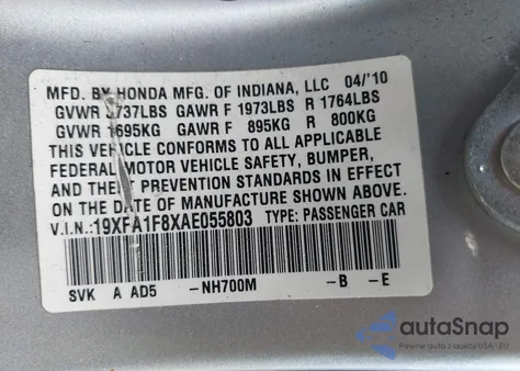 2010 Honda Civic Ex z USA, uszkodzony, nr VIN 19XFA1F8XAE055803
